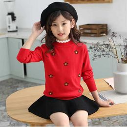 Brand Teens Children's Clothing Sweater Knitted Flower High neck Girls Clothes Knit Sweaters Pullovers Tops Coats Warm Knitwear Y1024