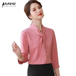 Naviu Office Professional Women Shirt Half Sleeve Bow Tie Design Fashion Blouses Formal Interview Clothes 210604