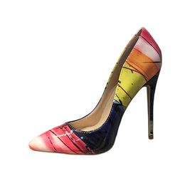 Fashion Yellow Patent Leather Stripe Poined Toe Stiletto High Heel Shoe Pump HIGH-HEELED Dress Shoes