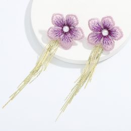 Bohemian Weave Cotton Thread Flower Dangle Earring for Women Vintage Long Gold Colour Metal Tassel Earrings Jewellery