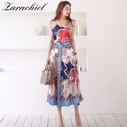 Summer Two Piece Women Halter V Neck Spaghetti Strap Top + Long Set Satin Silk Fashion Chains Print Skirt Suit 210416