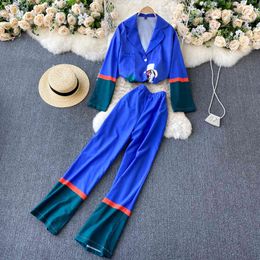 SINGREINY Women Autumn Design Print Set Button Long Sleeve Long Blouse+High Waist Casual Loose Wide Leg Long Pants Two Piece Set 210419