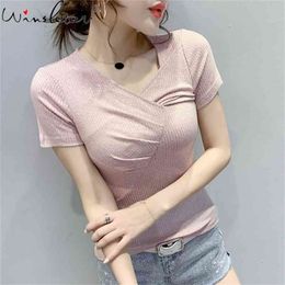T Shirt Women Summer Tshirt Vegan Short Sleeve Korean Sequined T-shirt Fashion Top Tees Female Cloth T05205B 210421
