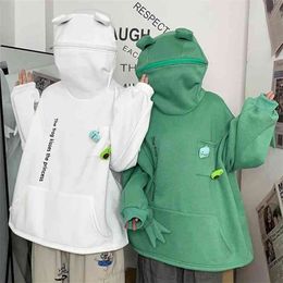 Autumn Green Fleece Frog Hoodie Harajuku Embroidery Hooded Pullover Oversized Hoodies Women Men Sudaderas Hombre Sweatshirt 210720