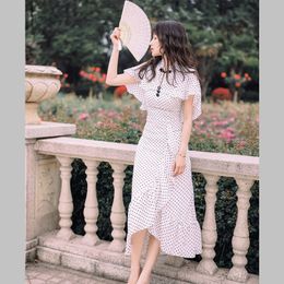 Women Summer Cloak Sleeves Dress Runway Print Dot Robe Femme Longue Ruffles Mermaid Dress Slit Bodycon Party Long Dress 210514