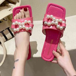 Slippers Women New Summer Sandals Female String Bead Flat Square Toe Temperament Sandal Ladies Hot Plus Size Soft Slides 220304