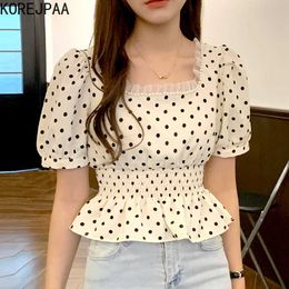 Korejpaa Women Shirt Summer Korean Chic Girl Gentle Lace Stitching Pearl Square Collar Polka Dot Pleated Puff Sleeve Blouse 210526