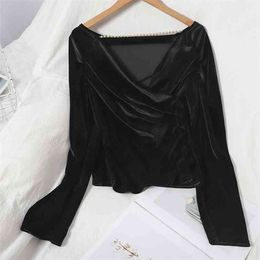 Sexy Slim Clavicle Blouse Long-sleeved Autumn Soft Comfortable Shine Fabric V-Neck Velvet Tops Women Blusa Female GX1176 210506