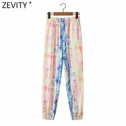 Women fashion colorful tie dyed painting straight pants femme elastic waist leisure Trousers chic pockets P895 210420