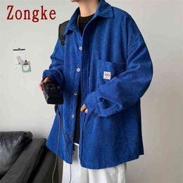 Zongke Corduroy Men Shirts For Clothing Harajuku Black Korean Style Long Sleeve Vintage Clothes 3XL 210626