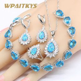 Pear Drop Blue Opal Silver Colour Wedding Jewellery Sets For Women Necklace Pendant Earrings Rings Sky Blue Crystal Bracelets H1022