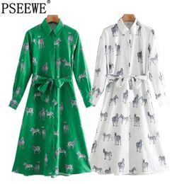 Woman Animal Printed Shirt Dress Summer Vintage Long Sleeves Turn Up Collar Midi Fashion Tied Belt Button es 210519