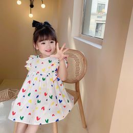 2021 2-7Y Sweet Toddler Baby Girls Dress Colourful Hearts Print Fly Sleeve Loose Casual Clothes Summer Kids Sundress Q0716