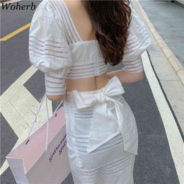 Fashion Suit Style Sexy Puff Sleeve Hollow Out Shirt + High Waist Bandage Bow Pencil Midi Skirts Korean Chic 210422