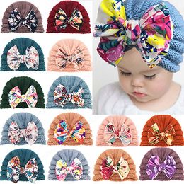 Vintage Print Bowknot Baby Girls Hats Fashion Knitting Wool Striped Caps Children Headwear Hair Accessories Christmas Gift