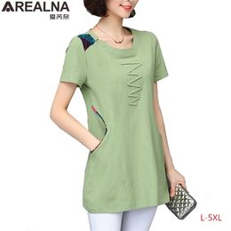 Oversized Short Sleeve Stitch Floral T-shirt Cotton Women Summer Large Long Tunics Kawaii Clothes Basic Plus Size Green Top 210623