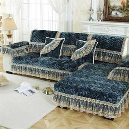 Solid Colour Luxury Soft Thick Velvet Quilted Sofa Cover L Shaped Towel Lace Decor Short Plush couch Covers For Living Room 211116