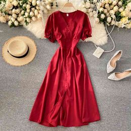Women Fashion V-neck Breasted High Waist Thin Short Sleeve Casual A-line Dress Vintage Korean Vestidos Q629 210527