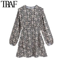 TRAF Women Chic Fashion Floral Print Mini Dress Vintage Long Sleeve With Lining Female Dresses Vestidos Mujer 210415