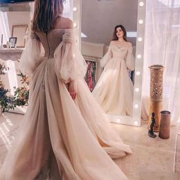 Abendkleider Ivory Evening Gowns 2021 Organza Off the Shoulder Long Sleeves Formal Dress Robe De Soiree Abiye Prom Dresses