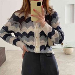 Korean Chic Striped Knitted Sweater Tops Women Single Breasted Fashion Casual Autumn Long Sleeve Christmas Cardigan 210514