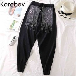 Korobov Fashion Women Diamond Patchwork Pants Summer Casual Loose Women Trousers Elastics High Waist Streetwear Joggers 210430