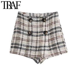 Women Chic Fashion With Buttons Cheque Tweed Shorts Skirts Vintage High Waist Back Zipper Female Skort Mujer 210507