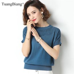 Lace Flowers Hollow Out Summer Short Sleeve Pullover Women Cotton Eyelet Sexy Elasticity O-Neck Sweater Female Blue Knitted Tops 210805
