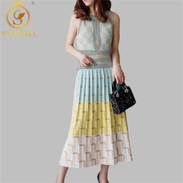 HMA New High Quality Summer Sleeveless Geometry Knitted Dress Women Slim Holiday Vestidos 210409