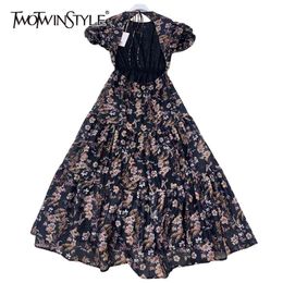 Backless Print Floral Dress For Women O Neck Short Sleeve High Waist Hit Colour Midi Dresses Female Fashion 210520