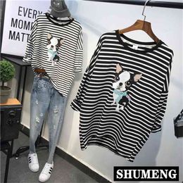 Base Shirt Female New Spring and Autumn Scarf Dog Cartoon Loose Striped Long-Sleeve T-shirt Student Thick Tee Oversized Top 210401