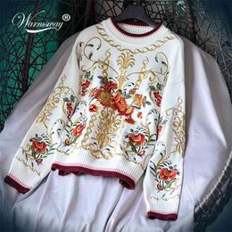 High Quality Luxury Floral Embroidery Autumn Winter Wool Blend Jumper Sweater Women's Runway Thick Knitting Pullover C-129 210522