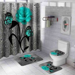 Xueqin Green Butterfly And Rose Bathroom Waterproof Shower Curtain Non-slip Bath Mats Toilet Seat Cover Rug Carpets Home Decor 210402