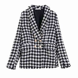 Fashion Za Vintage Women Houndstooth Plaid Tweed Jacket Double Breasted Pocket Long Sleeve Female Coat Casaco Femme 210520