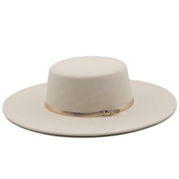 9.5CM Wide Brim Church Derby Top Hat Panama Solid Felt Fedoras Hat with Belt Women artificial Black wool Blend Jazz Cap