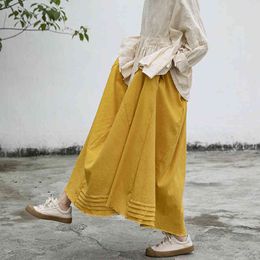 Johnature Women Cotton Linen A-Line Skirts Yellow Fold Elastic Waist Vintage Summer Female Clothes Loose Skirts 210521