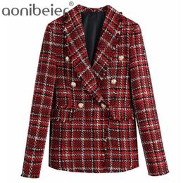 Women Fashion Double Breasted Tweed Check Blazers Coat Vintage Female Outerwear High Waist Skirt 2-piece Set 210604