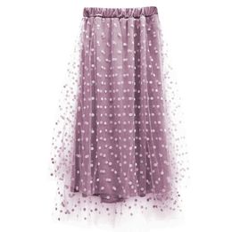 PERHAPS U Purple Black Dot A Line Mesh Velvet Midi Skirt Empire Elastic Waist Summer Casual Summer S0139 210529