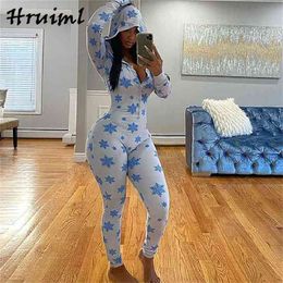 Loungewear Women Plus Size Snowflake Print Fashion Jumpsuit Hooded Collar Button Fitness Tracksuit Home Style Body Suits 210513