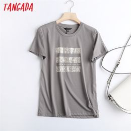 Tangada Women Grey Print Cotton T Shirt Short Sleeve O Neck Tees Ladies Casual Tee Street Wear Top 6D09 210623