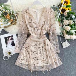 Sexy Deep V Neck Sequined Mini Club Dress Spring Autumn Long Sleeve Sash Tie Up Short Elegant Female Party 210430