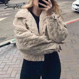 Fashion turndown collar corduroy coats jackets Bat sleeve single-breasted women parkas Casual female short winter coat 210414