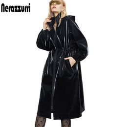 Nerazzurri Long black warm oversized shiny patent leather trench coat for women long sleeve Zip up fall fashion Windbreaker 211119