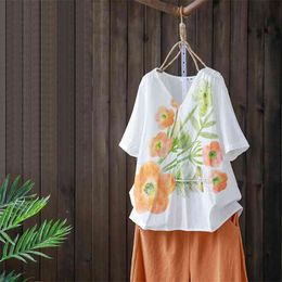 Summer Arts Style Women Short Sleeve Loose V-neck T-shirt vintage Print cotton linen Tee Shirt Femme Casual Tops S868 210512