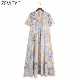 Women Vintage Puff Sleeve Press Pleated Breasted Casual Midi Dress Female Cloth Patchwork Printing Vestido Dresses DS8217 210420