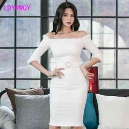 Korean autumn and winter clothing sexy word collar strapless rabbit fur dress female bag hipA Zippers Office Lady 210416