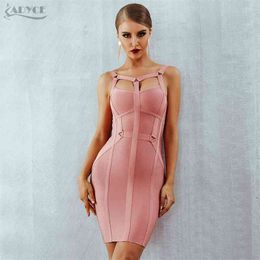 Adyce New Summer Pink Women Bandage Dress Sexy Spaghetti Strap Hollow Out Midi Celebrity Evening Party Club Bodycon Dresses 210331