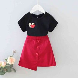 Children's Clothes Summer Love Embroidery Short-sleeve T-shirt + A-line Skirt 2 Pieces Of Toddler Girl Set 210515
