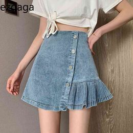 Ezgaga High Waist Skirts Summer New Vintage Denim Pleated Skirts Korean Fashion Solid Button All-Match Streetwear Faldas 210430