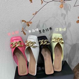 Square Toe Women Slippers Flat Heeled Metal Chain Ladies Slides Slippers Casual Flip Flops Mules Shoes Metal Chain Pink Yellow 210513